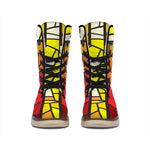 Orange And Red Stained Glass Cross Print Winter Boots