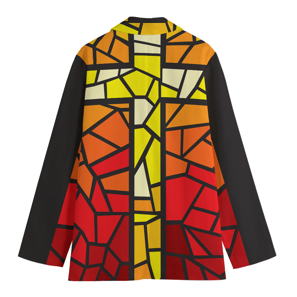 Orange And Red Stained Glass Cross Print Women's Blazer