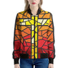 Orange And Red Stained Glass Cross Print Women's Bomber Jacket