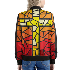 Orange And Red Stained Glass Cross Print Women's Bomber Jacket