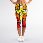 Orange And Red Stained Glass Cross Print Women's Capri Leggings