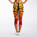 Orange And Red Stained Glass Cross Print Women's Capri Leggings
