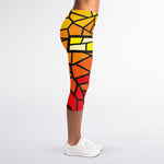 Orange And Red Stained Glass Cross Print Women's Capri Leggings