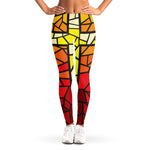 Orange And Red Stained Glass Cross Print Women's Leggings