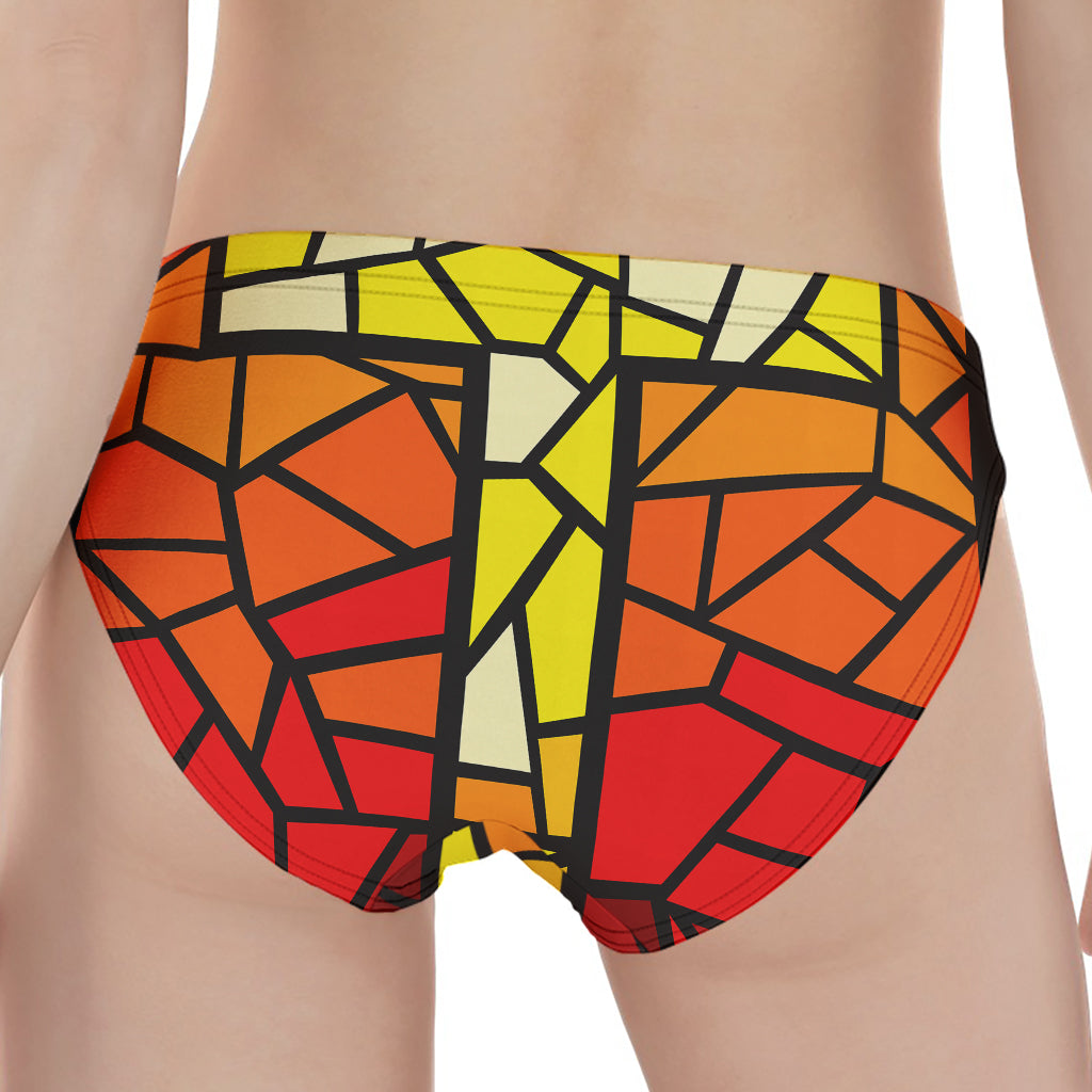 Orange And Red Stained Glass Cross Print Women's Panties