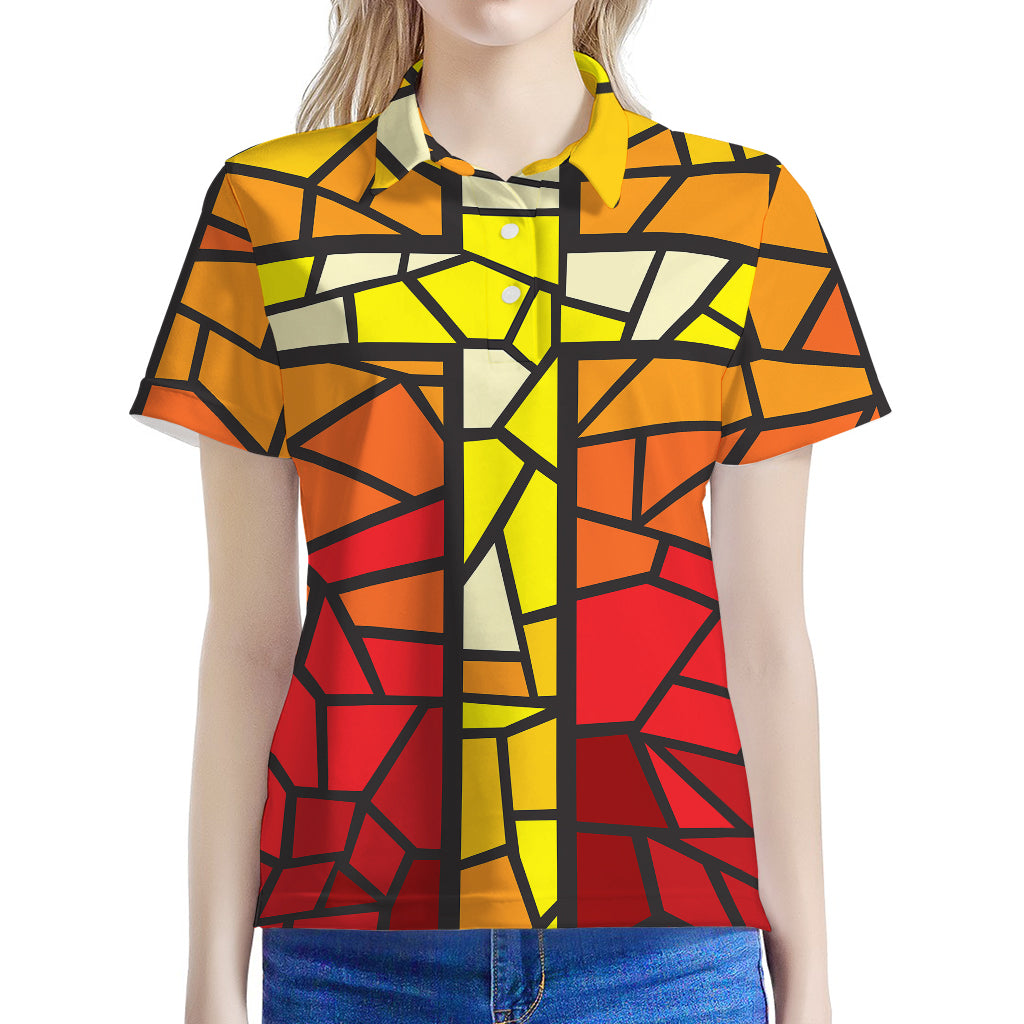 Orange And Red Stained Glass Cross Print Women's Polo Shirt