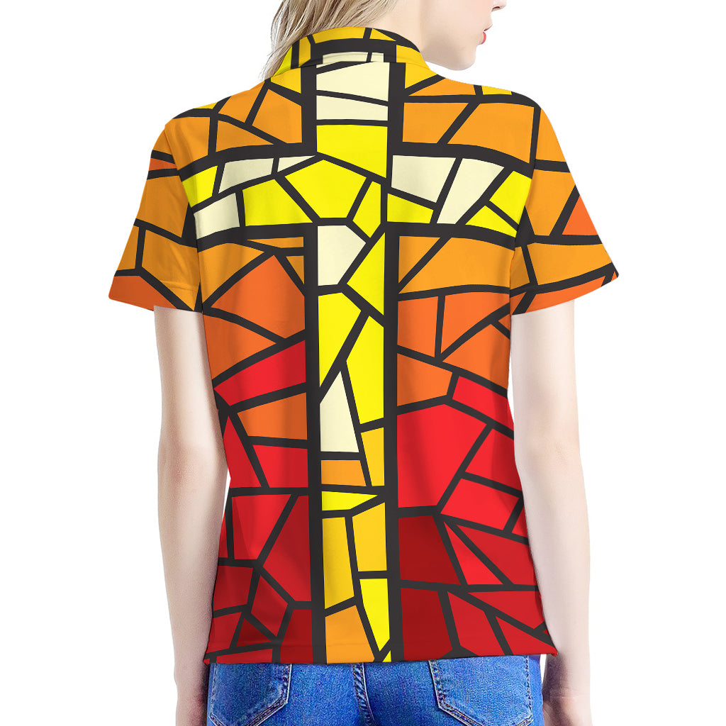 Orange And Red Stained Glass Cross Print Women's Polo Shirt