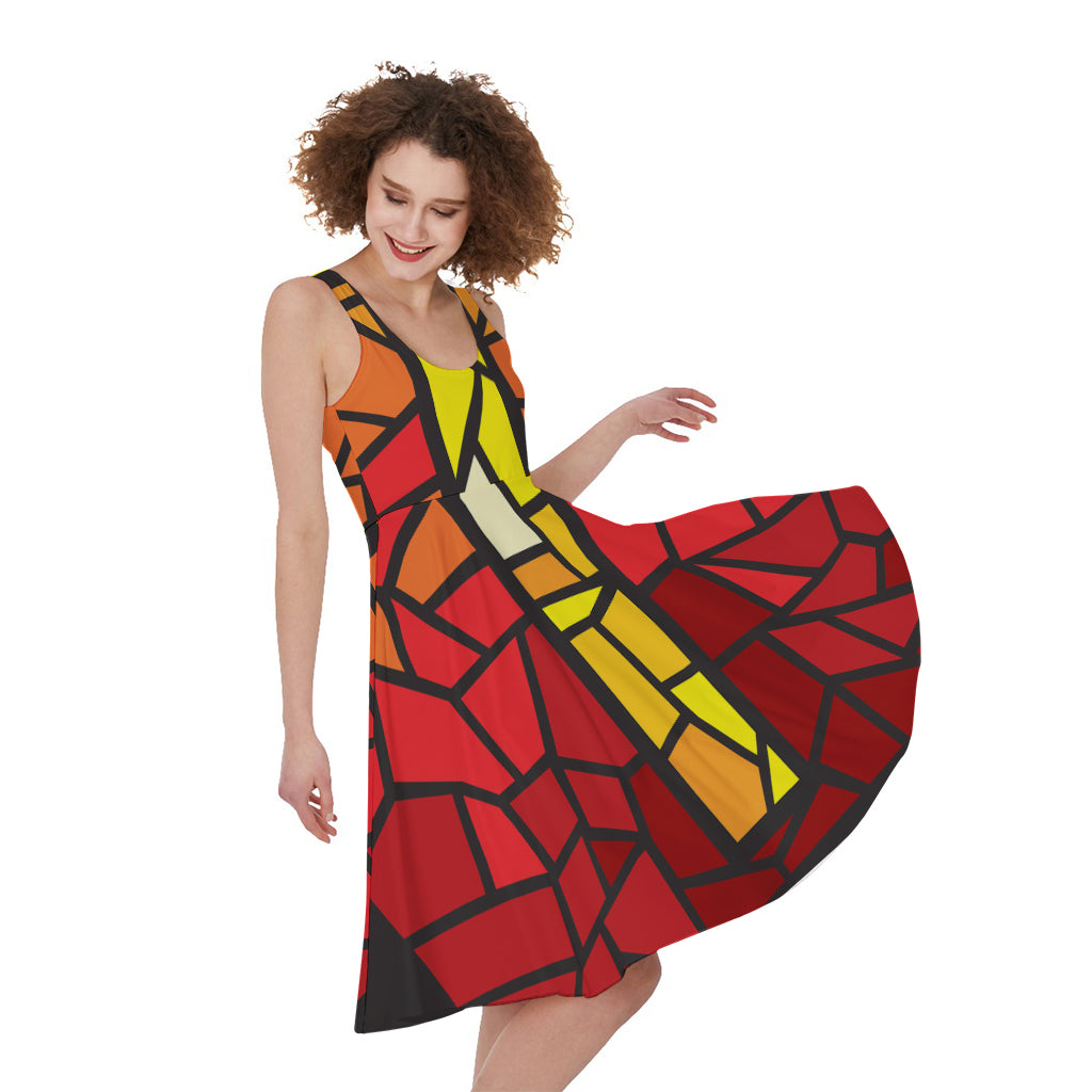 Orange And Red Stained Glass Cross Print Women's Sleeveless Dress