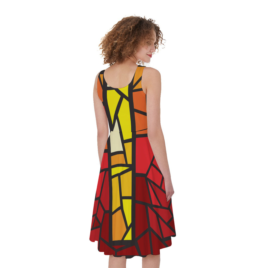 Orange And Red Stained Glass Cross Print Women's Sleeveless Dress