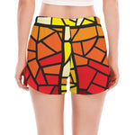 Orange And Red Stained Glass Cross Print Women's Split Running Shorts