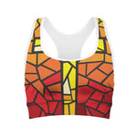 Orange And Red Stained Glass Cross Print Women's Sports Bra