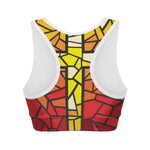 Orange And Red Stained Glass Cross Print Women's Sports Bra
