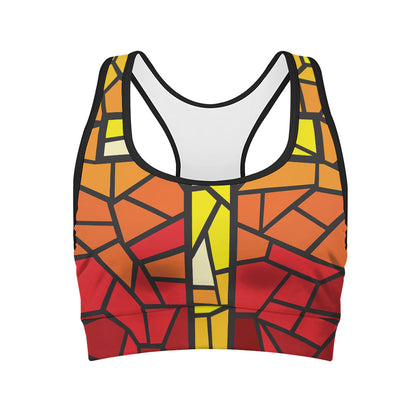 Orange And Red Stained Glass Cross Print Women's Sports Bra