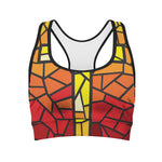 Orange And Red Stained Glass Cross Print Women's Sports Bra