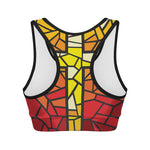 Orange And Red Stained Glass Cross Print Women's Sports Bra