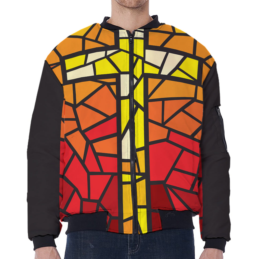 Orange And Red Stained Glass Cross Print Zip Sleeve Bomber Jacket