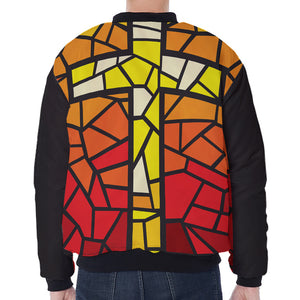 Orange And Red Stained Glass Cross Print Zip Sleeve Bomber Jacket