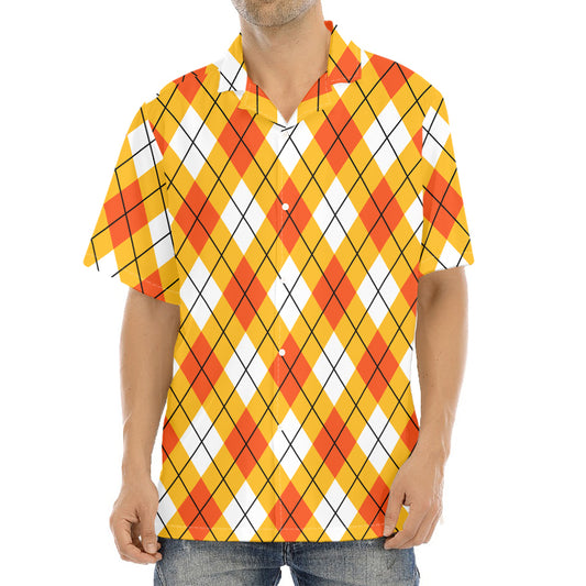 Orange And White Argyle Pattern Print Aloha Shirt