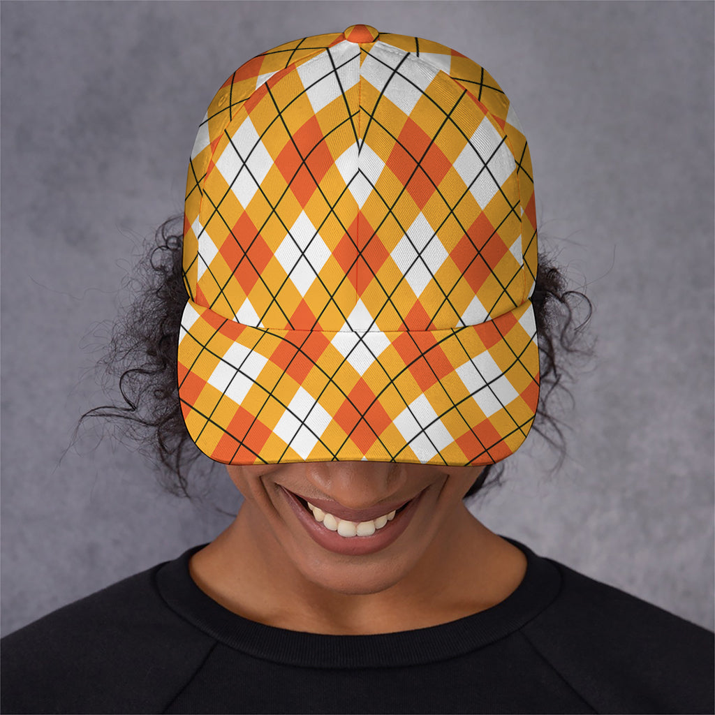 Orange And White Argyle Pattern Print Baseball Cap