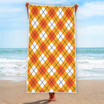 Orange And White Argyle Pattern Print Beach Towel