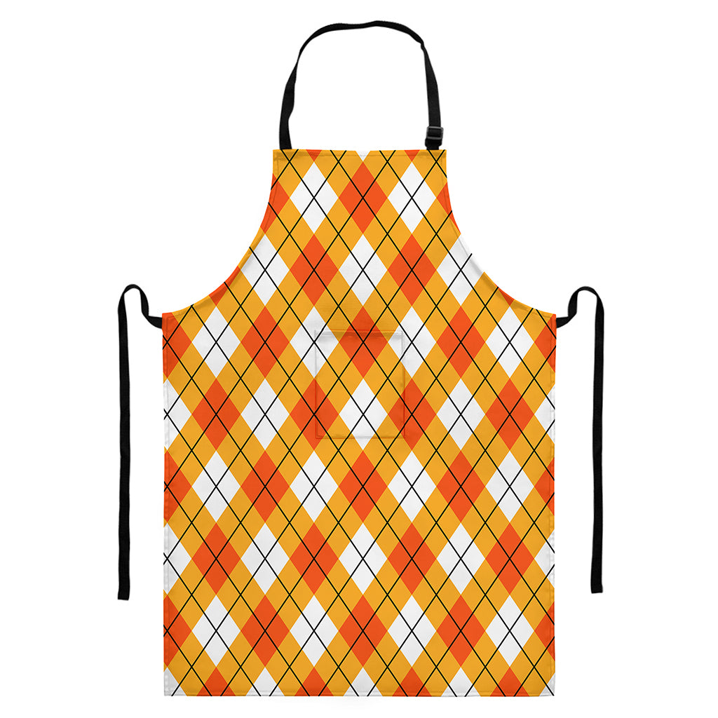 Orange And White Argyle Pattern Print Bib Apron With Pocket