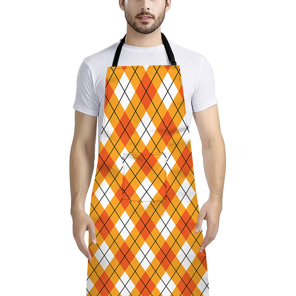 Orange And White Argyle Pattern Print Bib Apron With Pocket