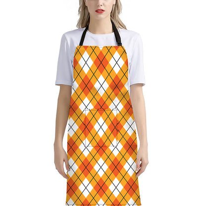 Orange And White Argyle Pattern Print Bib Apron With Pocket