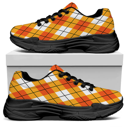 Orange And White Argyle Pattern Print Black Chunky Shoes