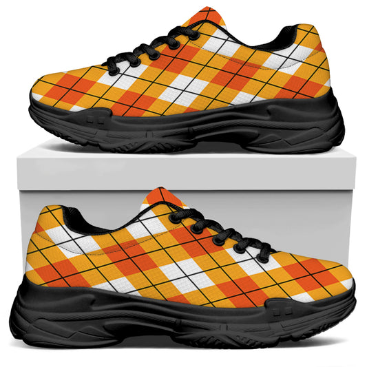Orange And White Argyle Pattern Print Black Chunky Shoes