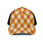 Orange And White Argyle Pattern Print Black Mesh Trucker Cap