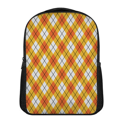 Orange And White Argyle Pattern Print Casual Backpack