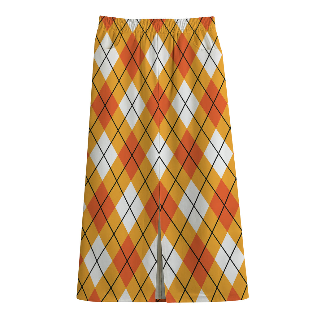 Orange And White Argyle Pattern Print Cotton Front Slit Maxi Skirt