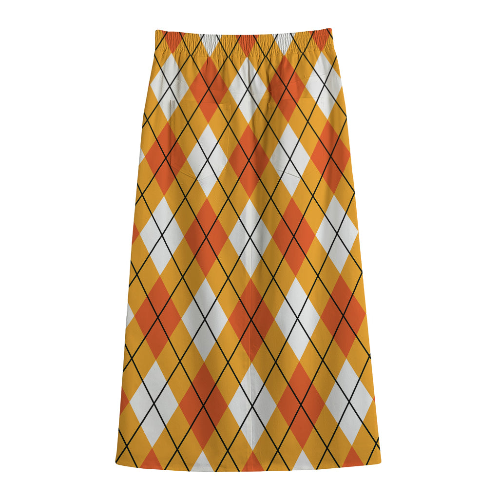 Orange And White Argyle Pattern Print Cotton Front Slit Maxi Skirt