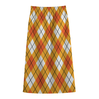 Orange And White Argyle Pattern Print Cotton Front Slit Maxi Skirt
