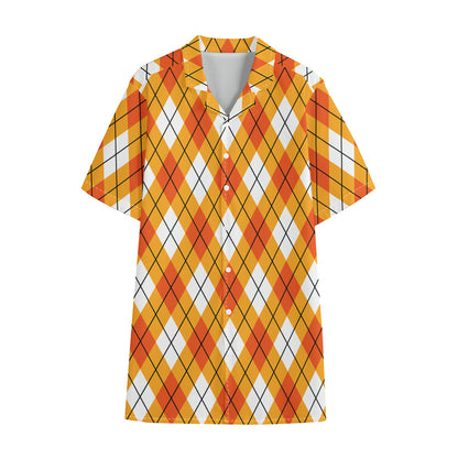 Orange And White Argyle Pattern Print Cotton Hawaiian Shirt