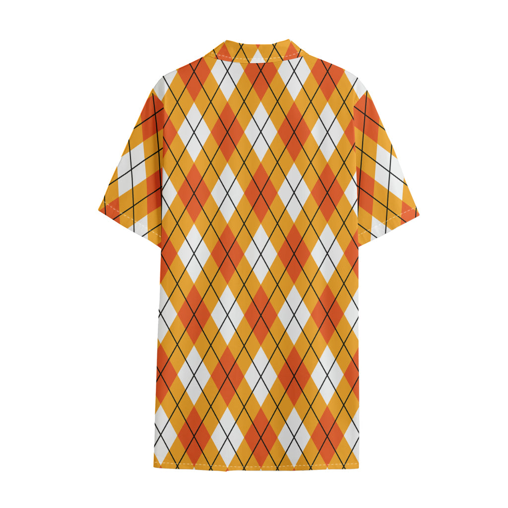 Orange And White Argyle Pattern Print Cotton Hawaiian Shirt