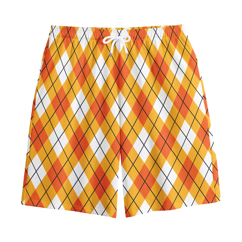 Orange And White Argyle Pattern Print Cotton Shorts