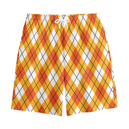 Orange And White Argyle Pattern Print Cotton Shorts