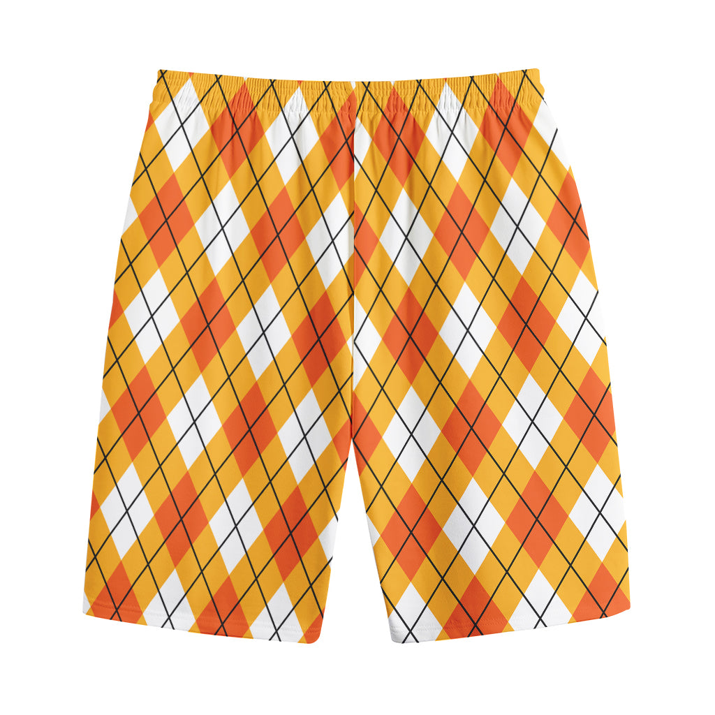Orange And White Argyle Pattern Print Cotton Shorts