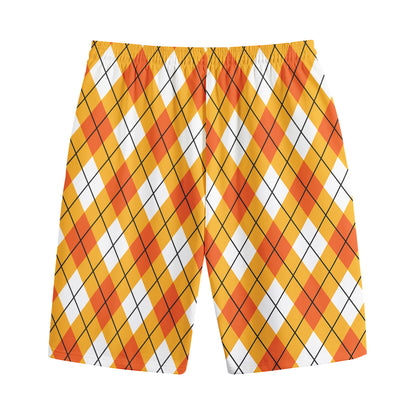 Orange And White Argyle Pattern Print Cotton Shorts