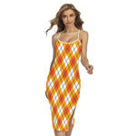 Orange And White Argyle Pattern Print Cross Back Cami Dress