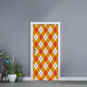 Orange And White Argyle Pattern Print Door Sticker