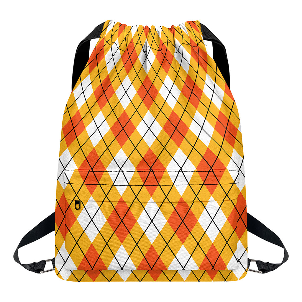 Orange And White Argyle Pattern Print Drawstring Backpack