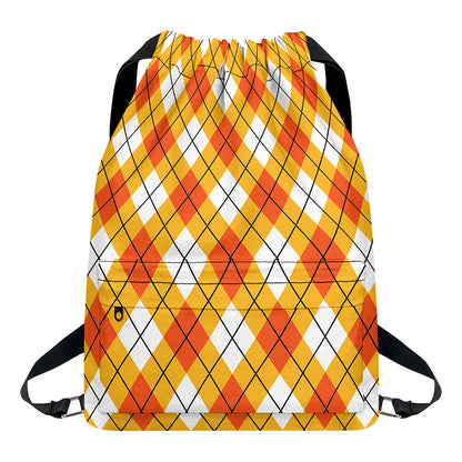 Orange And White Argyle Pattern Print Drawstring Backpack