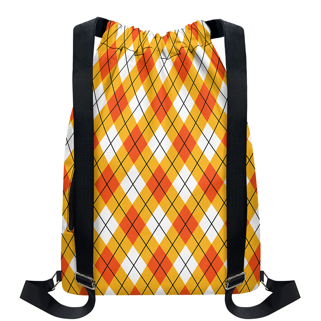 Orange And White Argyle Pattern Print Drawstring Backpack