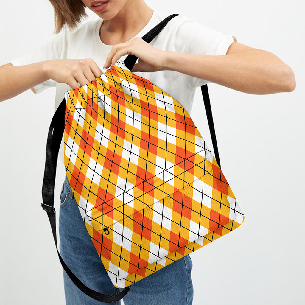 Orange And White Argyle Pattern Print Drawstring Backpack