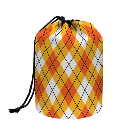 Orange And White Argyle Pattern Print Drawstring Makeup Bag