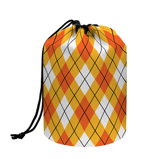 Orange And White Argyle Pattern Print Drawstring Makeup Bag