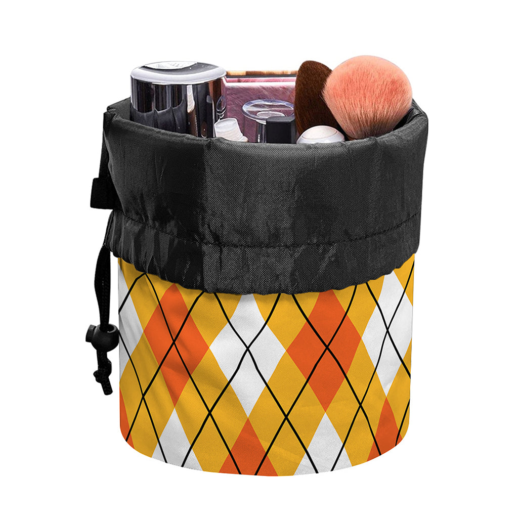 Orange And White Argyle Pattern Print Drawstring Makeup Bag