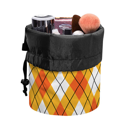 Orange And White Argyle Pattern Print Drawstring Makeup Bag